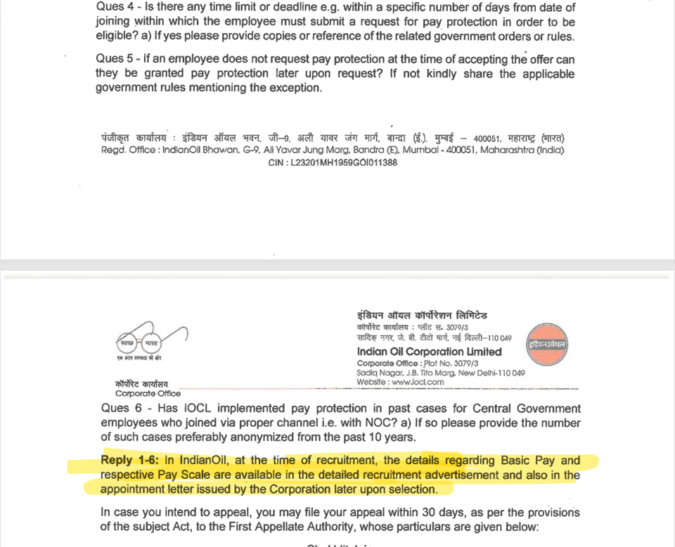 Pay Protection IOCL RTI & Reply