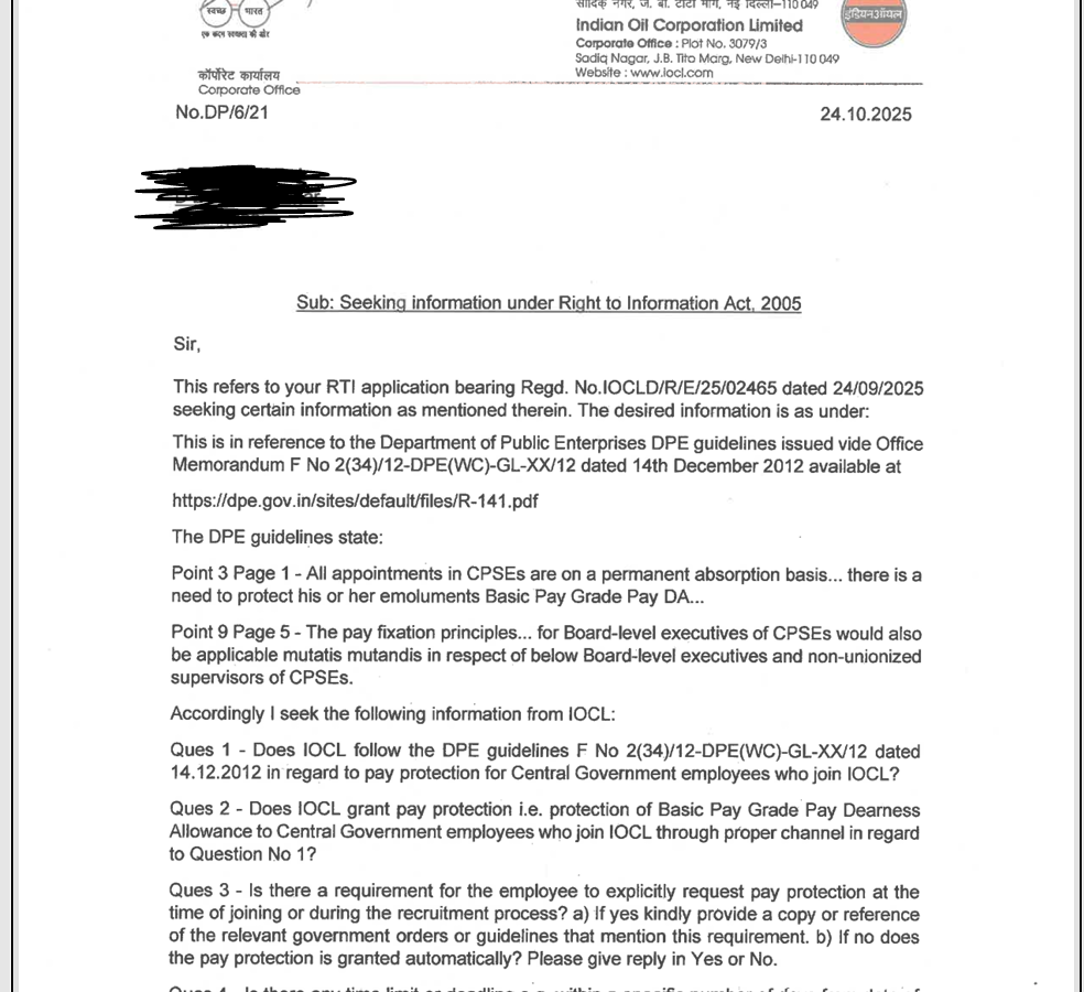 Pay Protection IOCL RTI & Reply